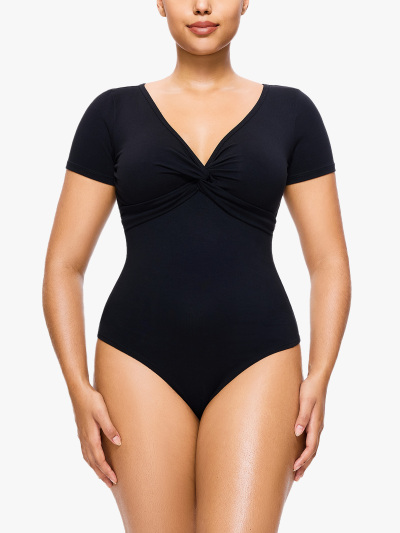 Deep V Neck Twist Knot Fitted Short Sleeve Tops Shapwaer Bodysuits