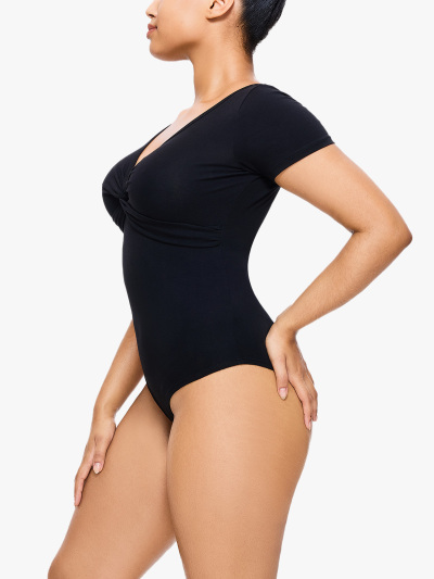 Deep V Neck Twist Knot Fitted Short Sleeve Tops Shapwaer Bodysuits