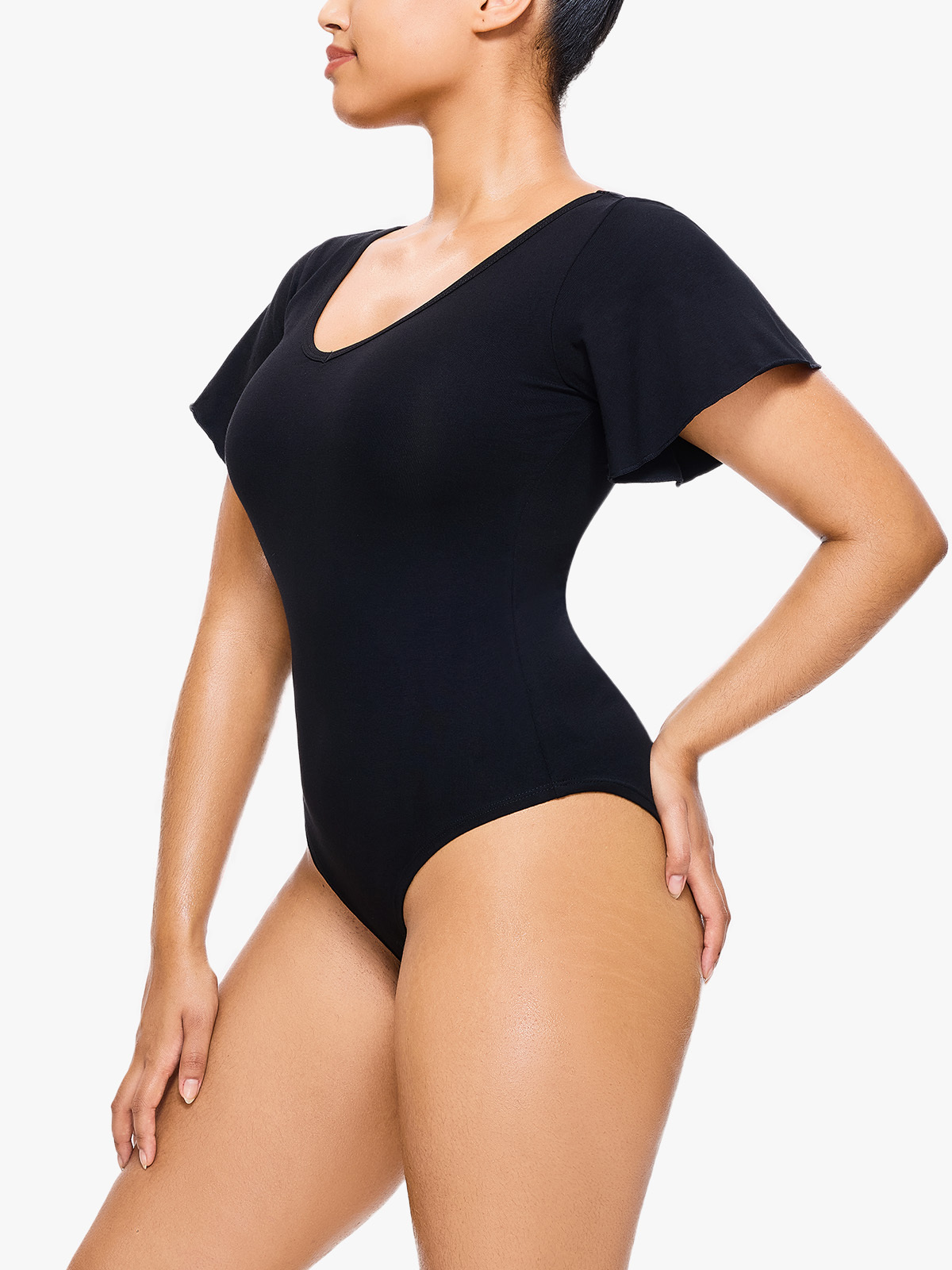V Neck Short Sleeve Basic Shapwear Bodysuit-Brabic