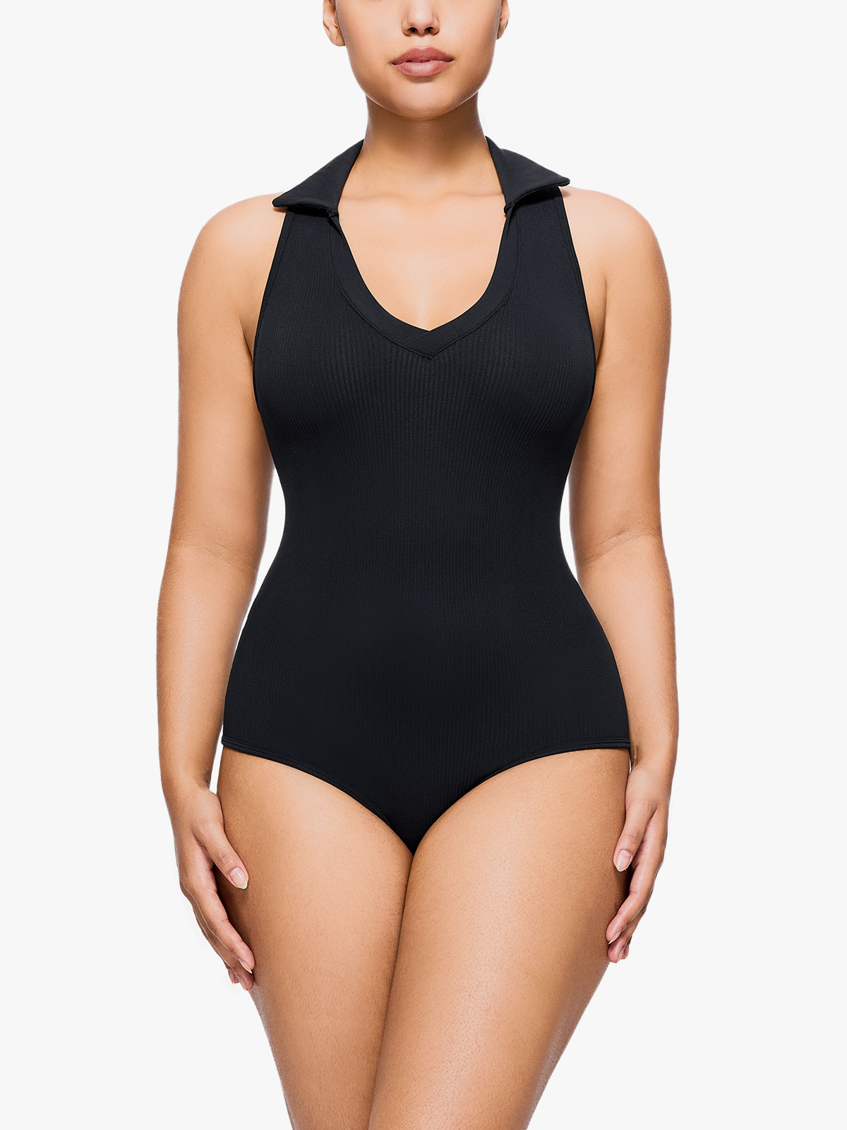 V Neck Plunging Lapel Sleeveless Shapwaer Bodysuit-Brabic