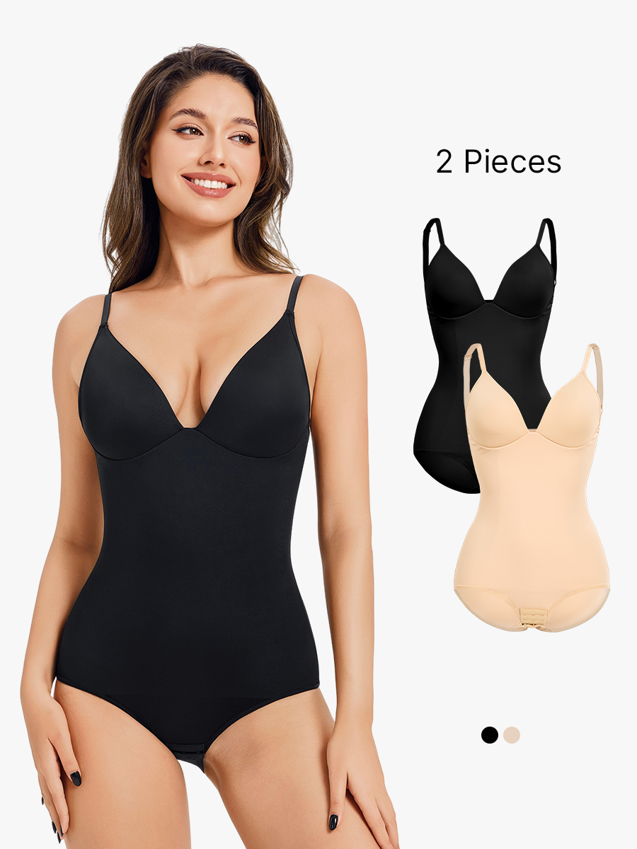 2 Piece Shapewear Bodysuit Tummy Control Slimming Deep V Neck Body Shaper With Built In Bra Bodysuits-Brabic