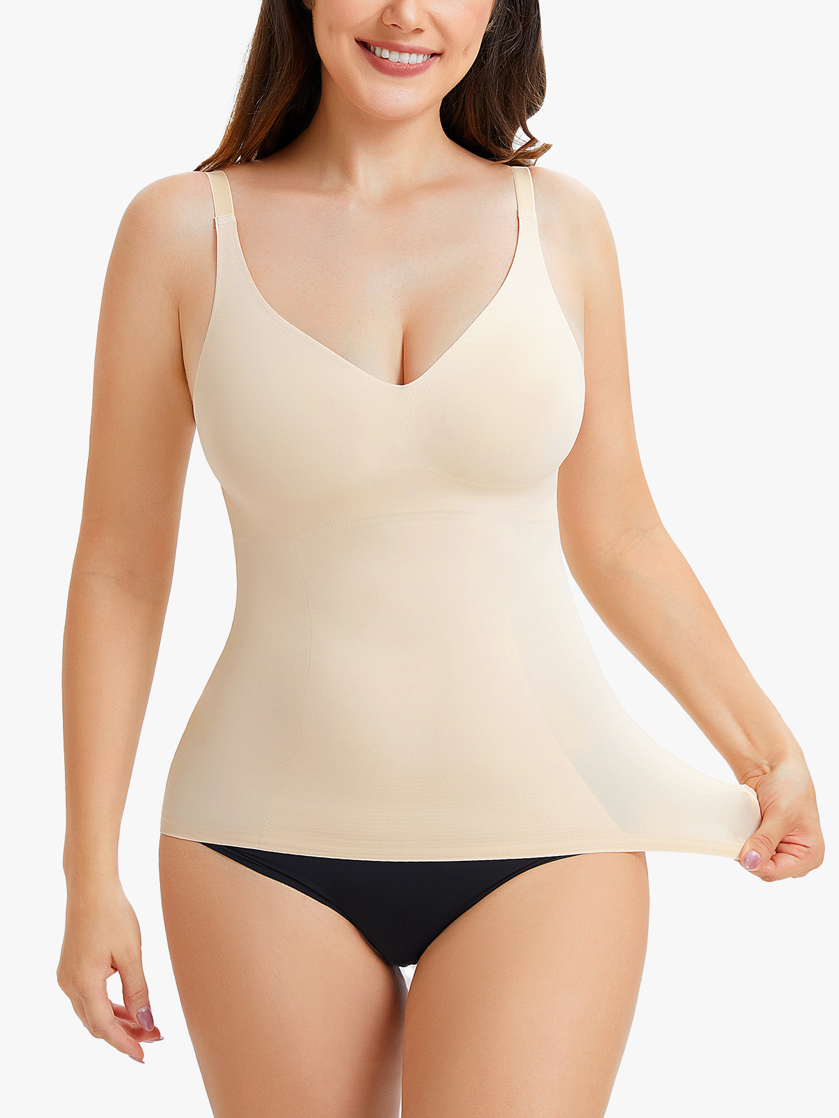 Deep V Shapewear Cami with Built In Bra Thin Strap Tummy Tuck Tank Top-Brabic