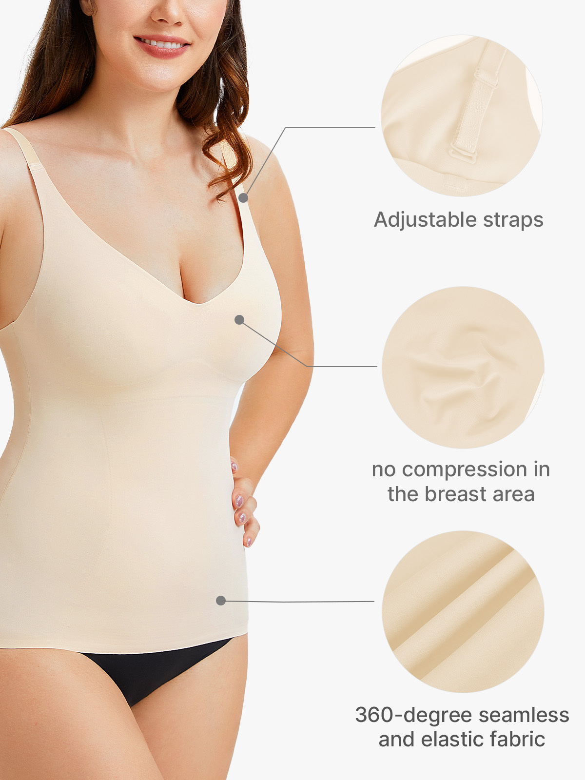 Deep V Shapewear Cami with Built In Bra Thin Strap Tummy Tuck Tank Top-Brabic