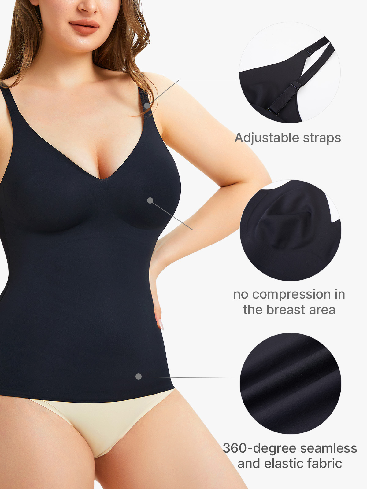 Seamless V Neck Shapewear Cami with Bra Everyday Tummy Tuck Tank Top-Brabic