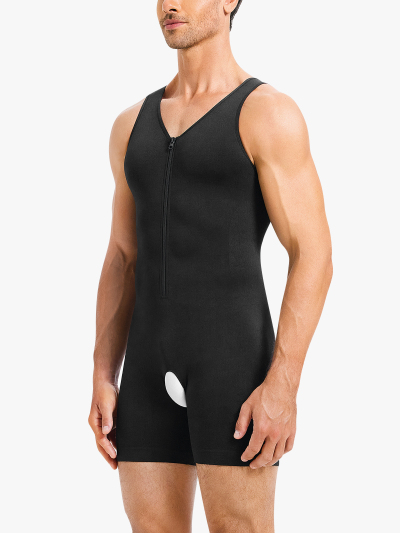 Seamless Front Zipper Tummy Control Crotch Opening Mid Thigh Bodysuit