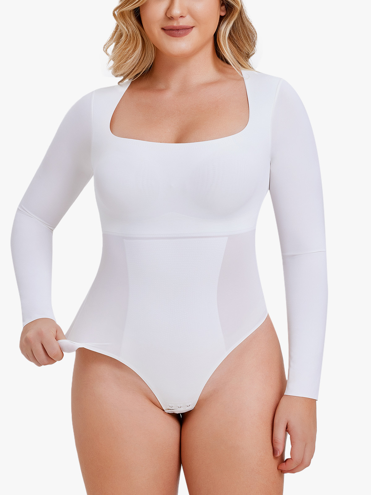 Elastic Square Neck Thong Style Bodysuits with Crotch Snap  -Brabic