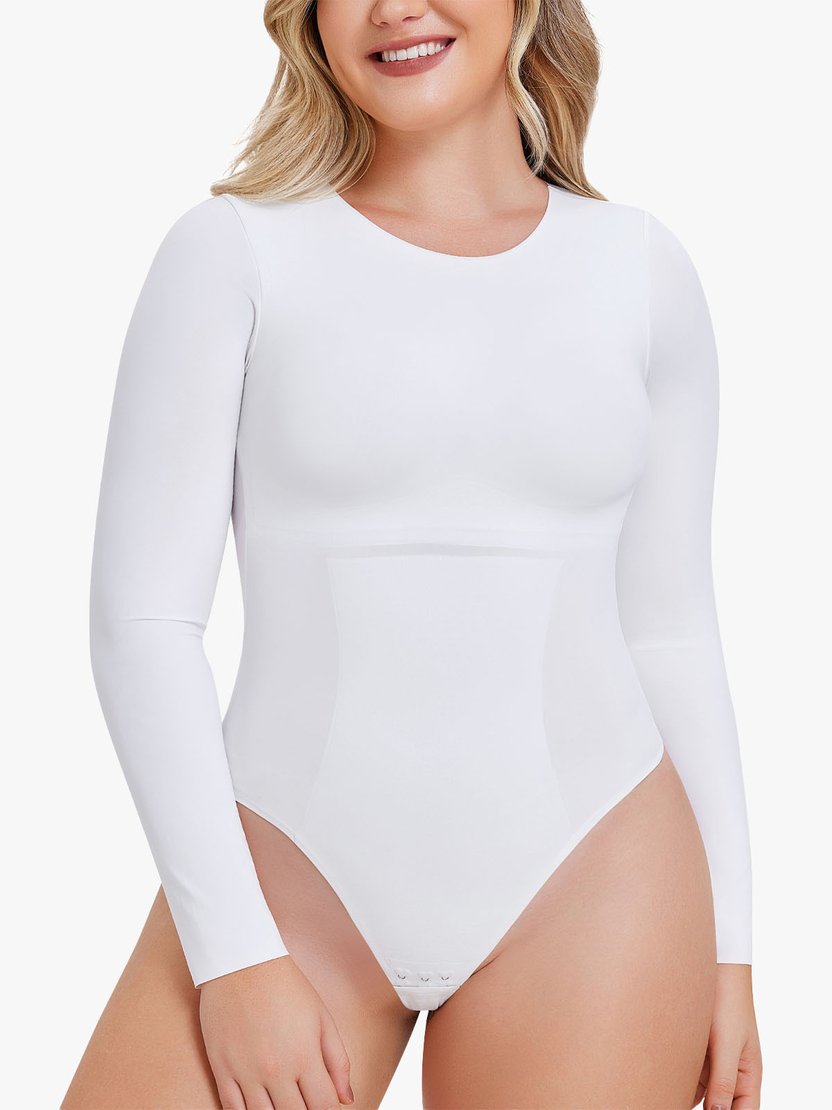 Seamless Round Neck Long Sleeve Thong Bodysuit with Crotch Buckle-Brabic