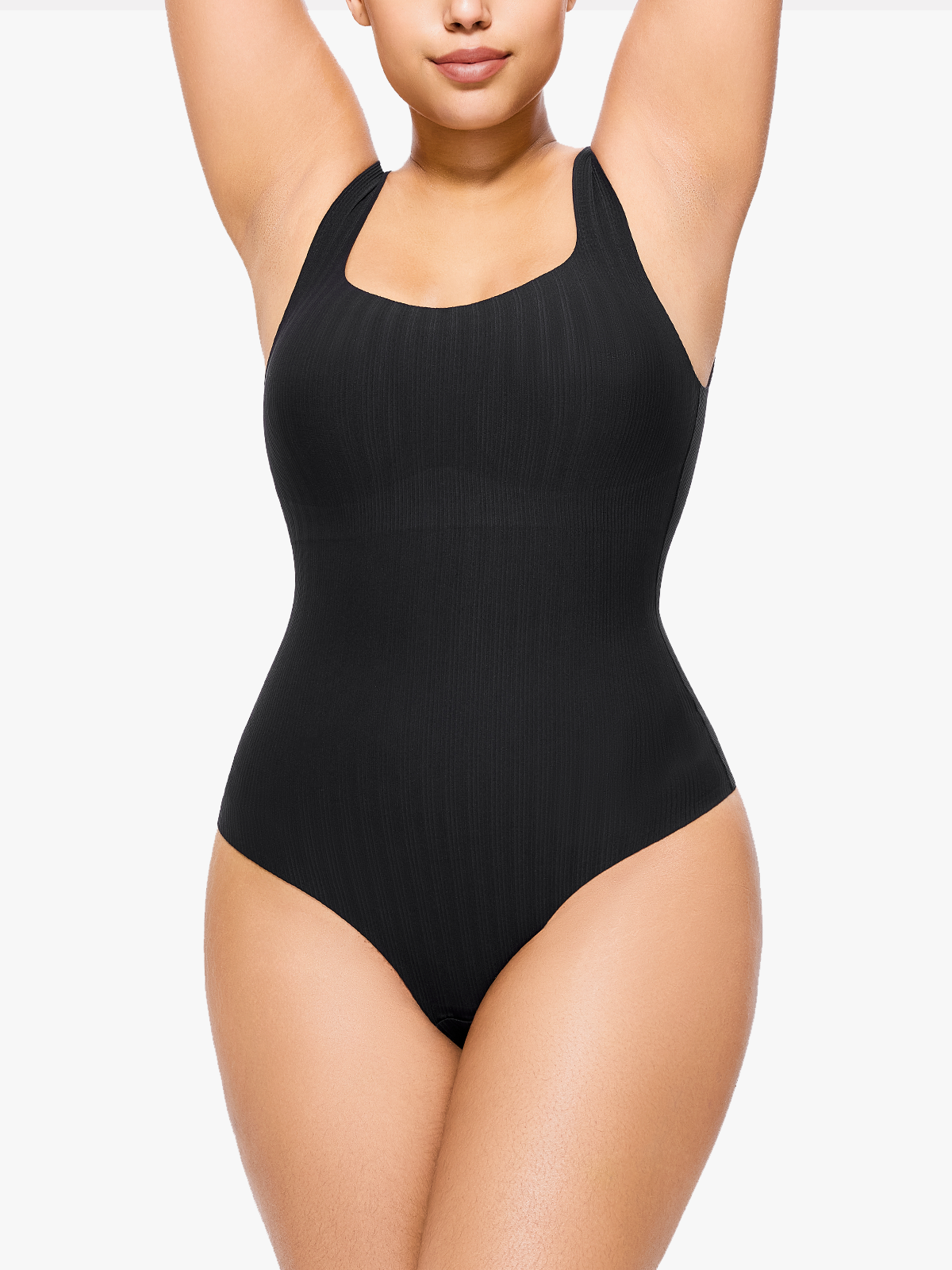 Comfortable Ribbed Tummy Control Bodysuits With Square Neck Sleeveless Design-Brabic