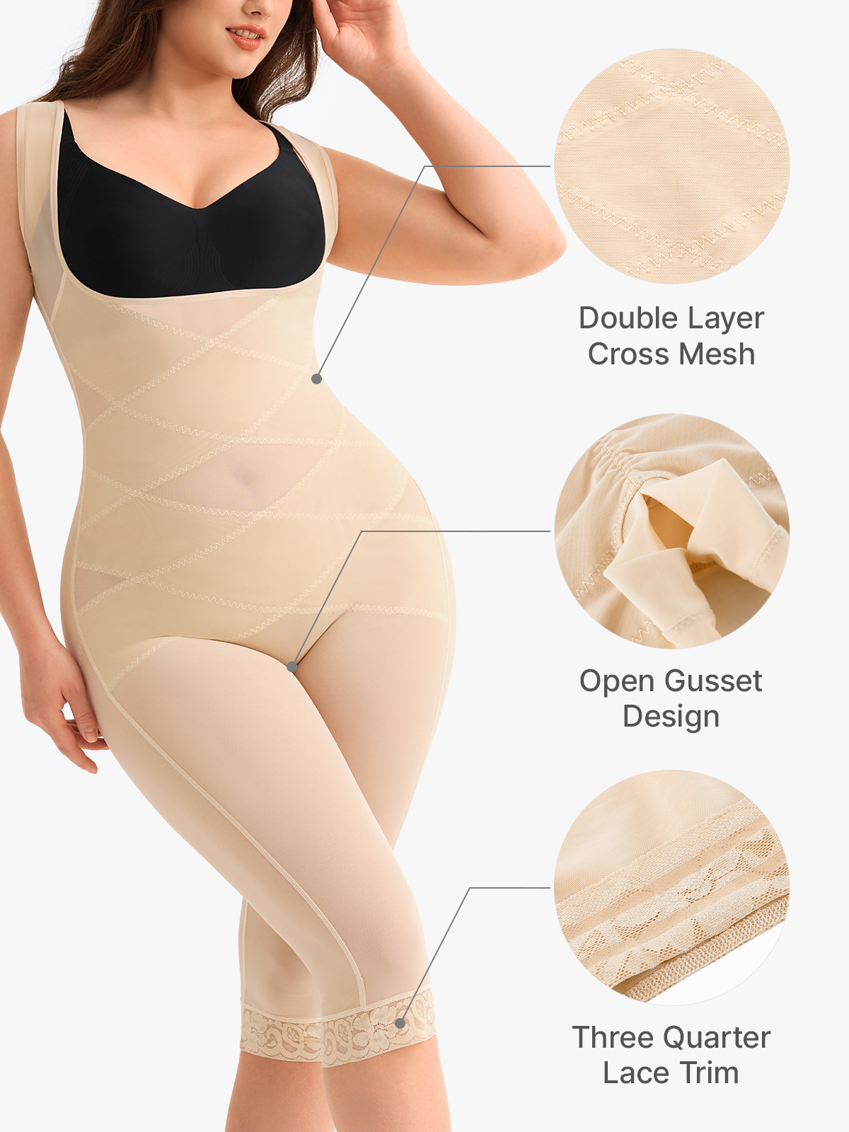 Breathable Invisible Mesh Double Tummy Control Lifting Butt Lifting Body Shaper Open Bust Mid Thigh