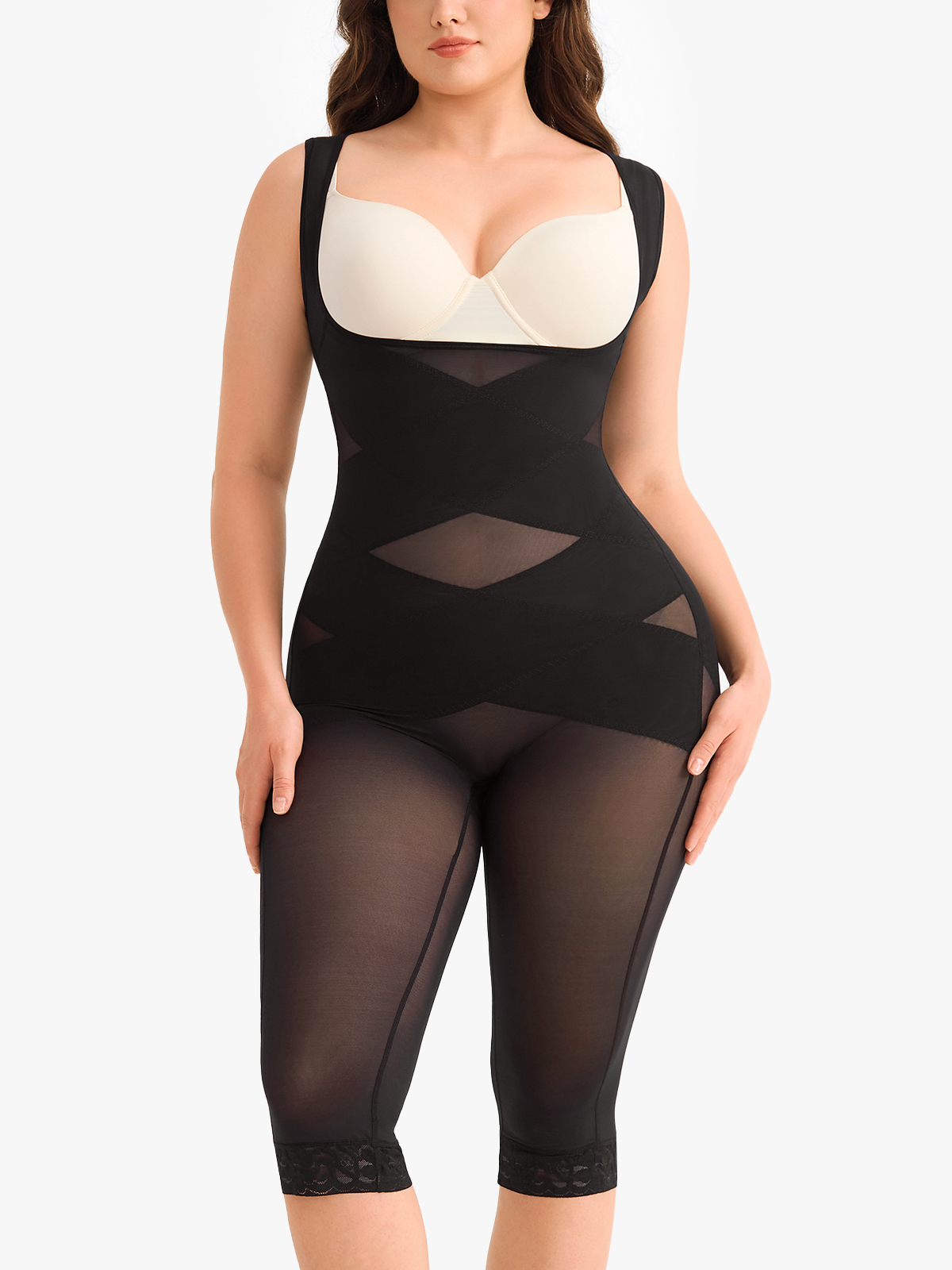 Breathable Invisible Mesh Double Tummy Control Lifting Butt Lifting Body Shaper Open Bust Mid Thigh