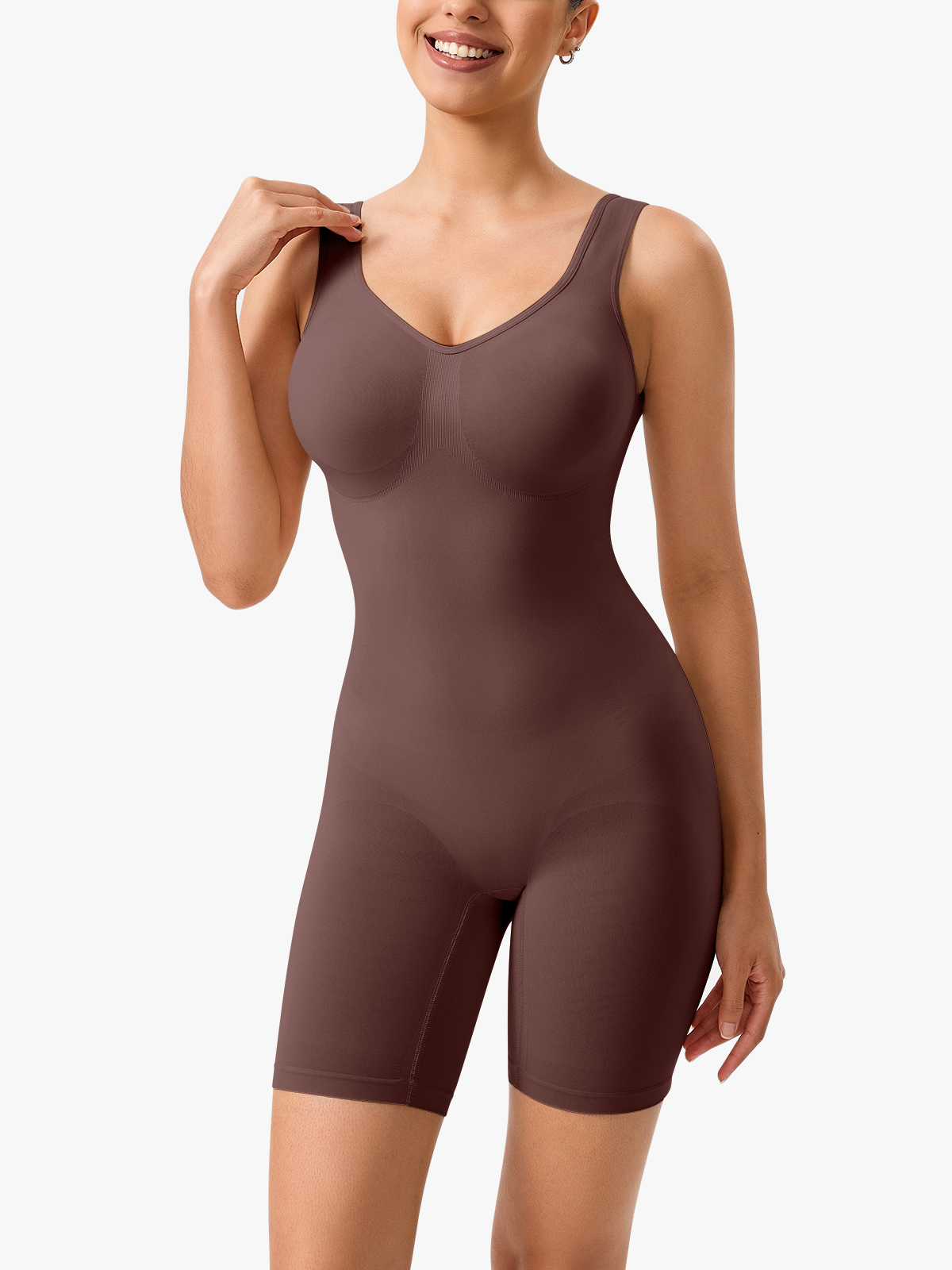 Seamless V-Neck Crotch Opening Mid Thigh Bodysuit-Brabic