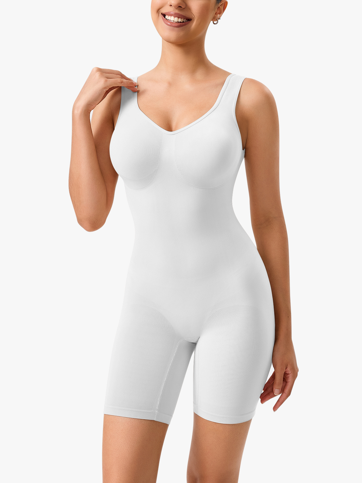 Seamless V-Neck Crotch Opening Mid Thigh Bodysuit-Brabic