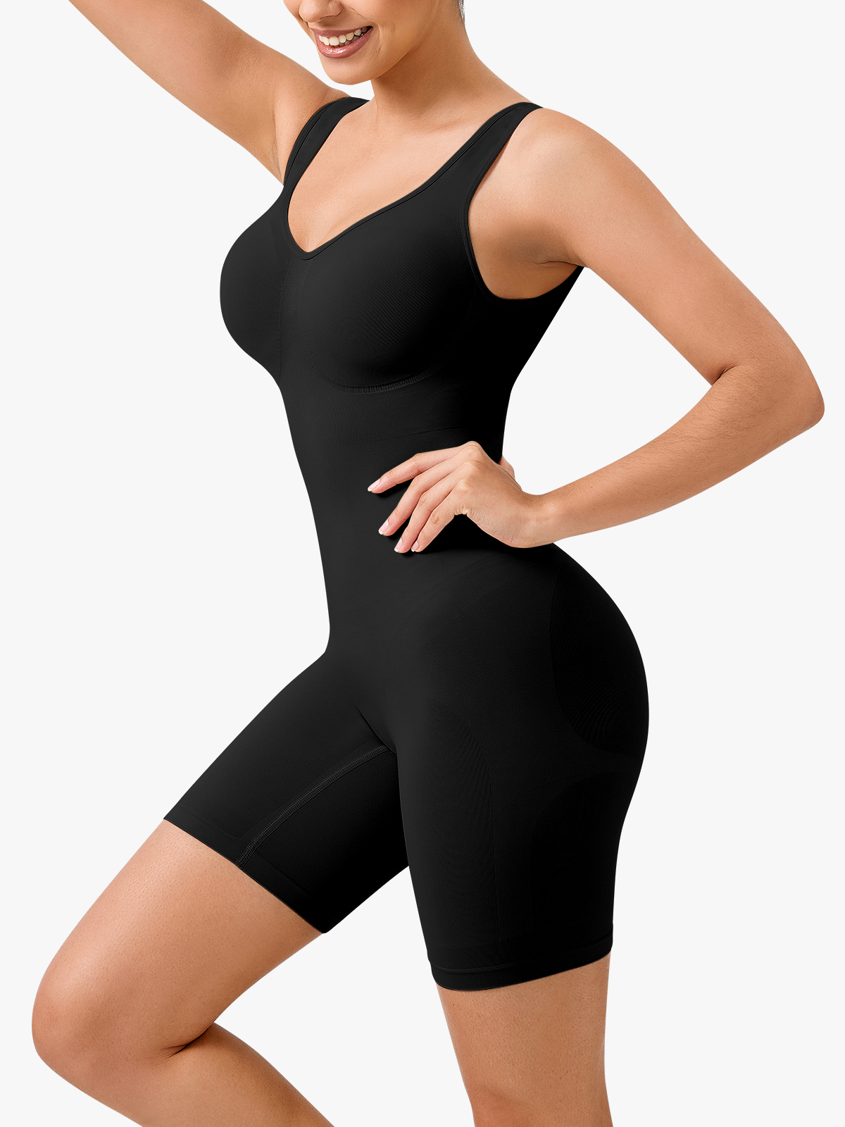 Seamless V-Neck Crotch Opening Mid Thigh Bodysuit-Brabic
