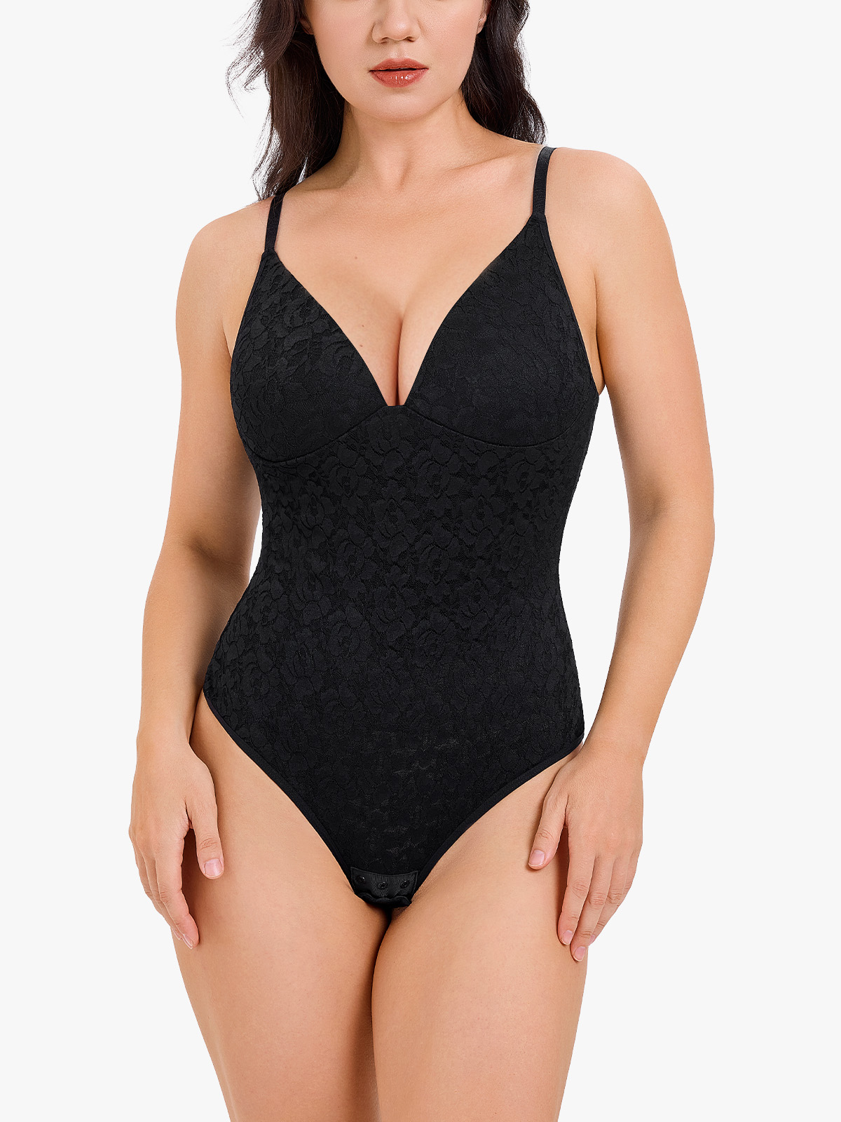 Lace Plunge Cutout Cami Thong Bodysuit-Brabic