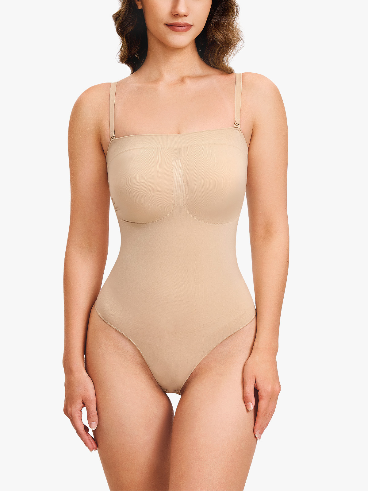Seamless Tummy Control Crotch Opening Thong Bodysuits with Removable Adjustable Straps -Brabic