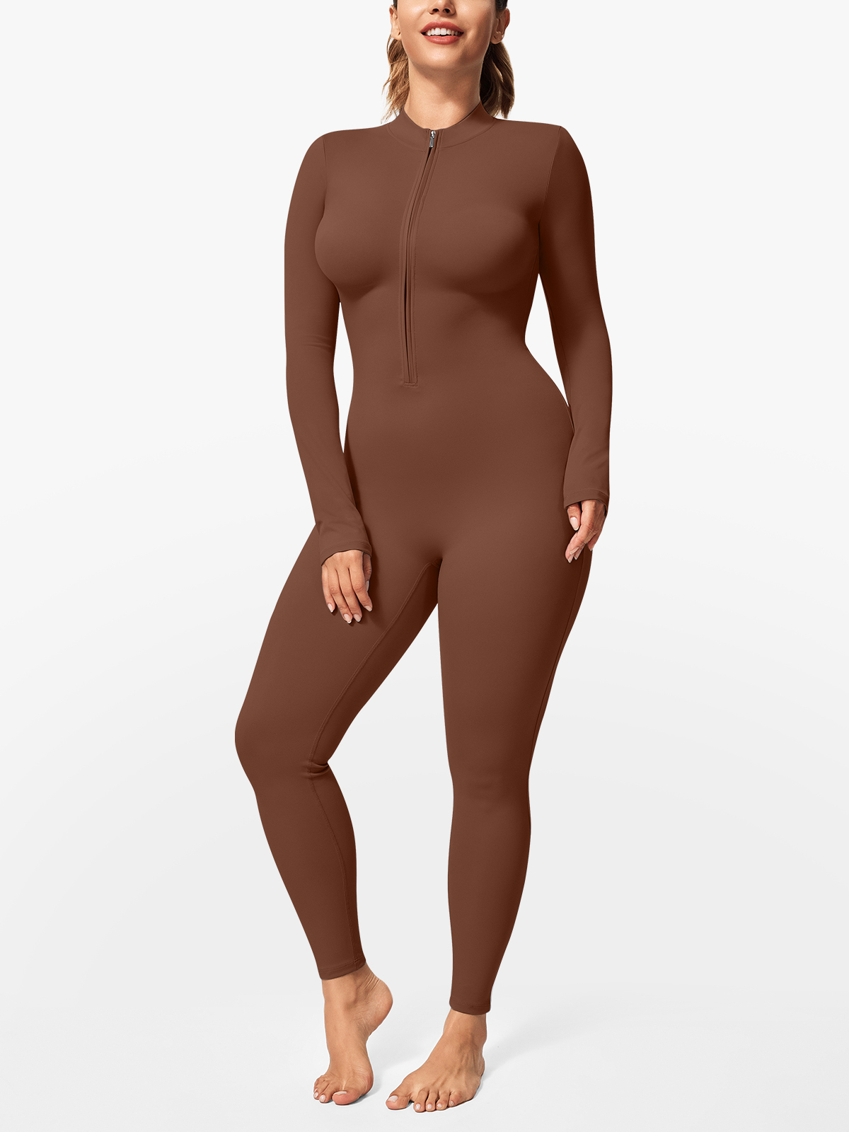 Zipper Tummy Control Stand Collar Long Sleeve Jumpsuit