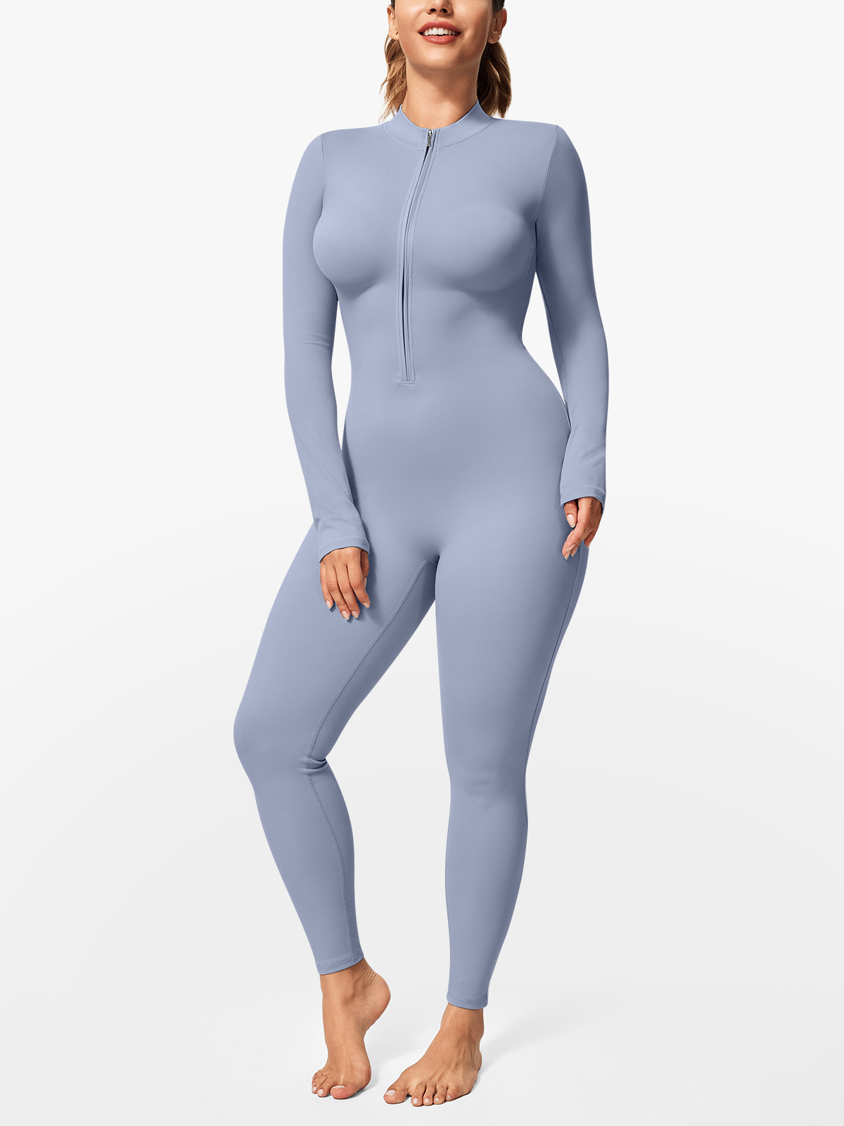 Zipper Tummy Control Stand Collar Long Sleeve Jumpsuit