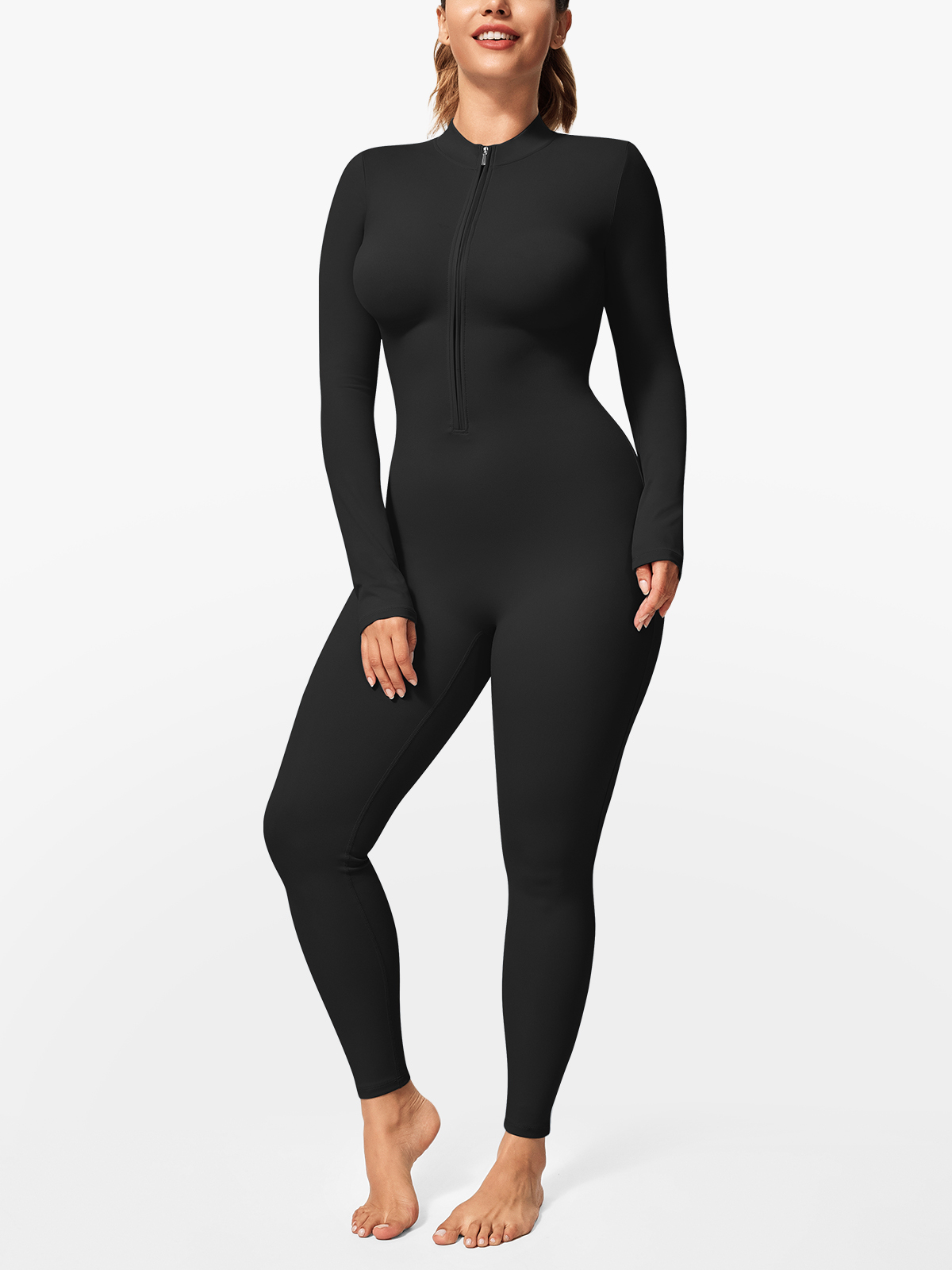 Zipper Tummy Control Stand Collar Long Sleeve Jumpsuit