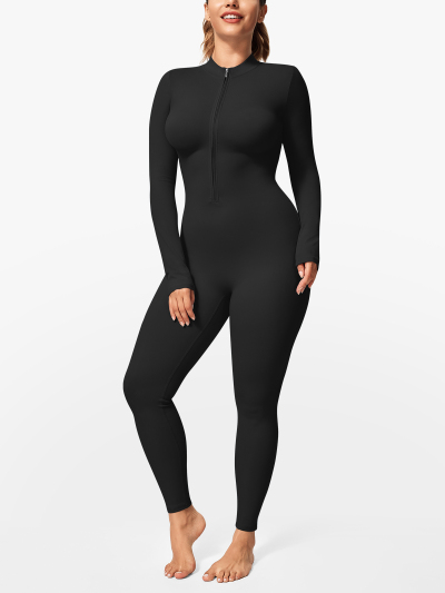 Zipper Tummy Control Stand Collar Long Sleeve Jumpsuit