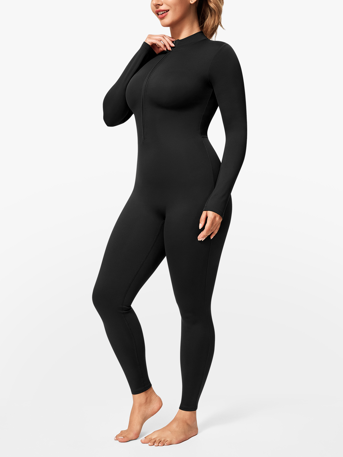 Zipper Tummy Control Stand Collar Long Sleeve Jumpsuit