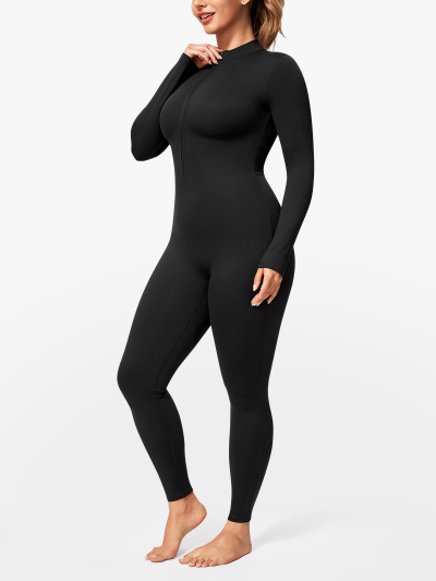 Zipper Tummy Control Stand Collar Long Sleeve Jumpsuit