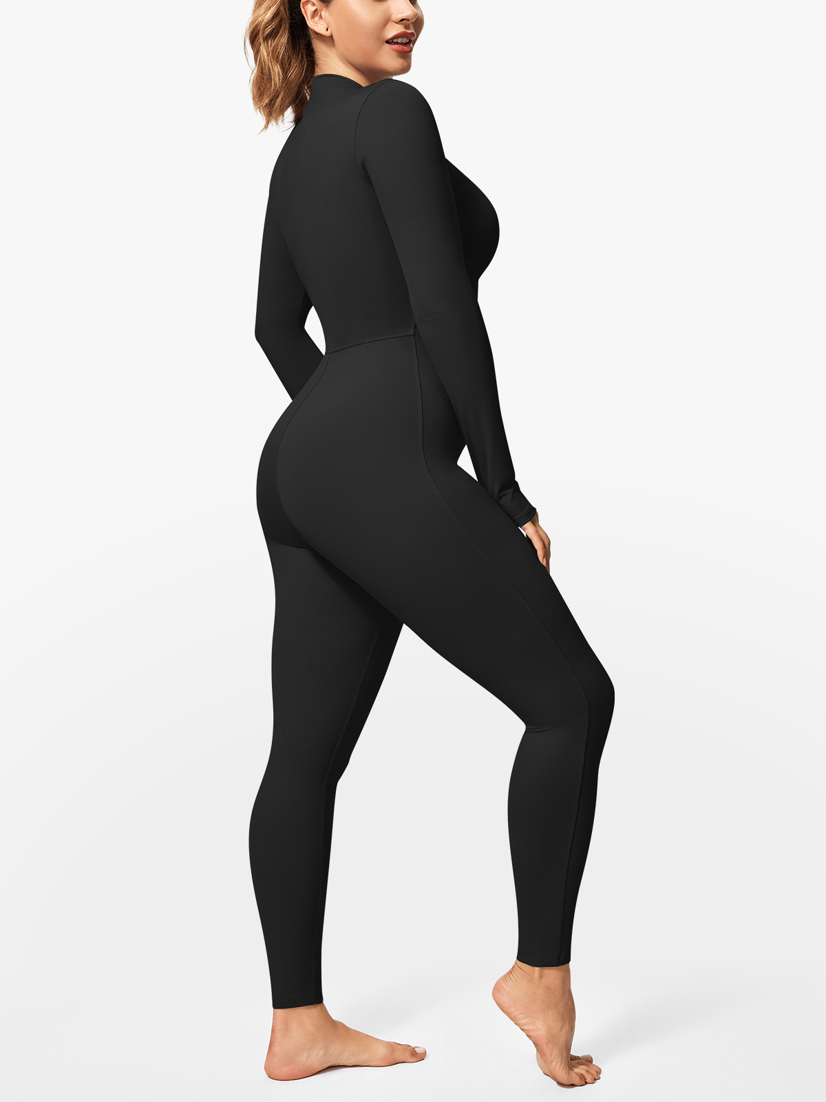 Zipper Tummy Control Stand Collar Long Sleeve Jumpsuit
