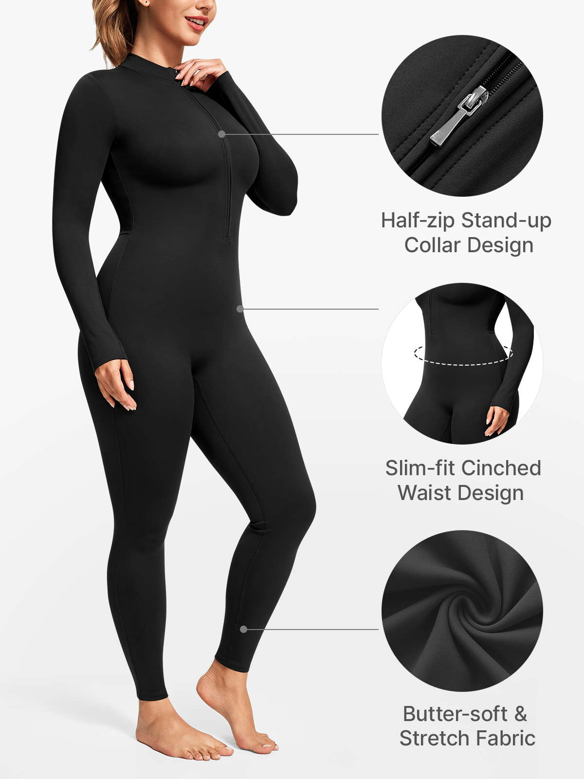 Zipper Tummy Control Stand Collar Long Sleeve Jumpsuit