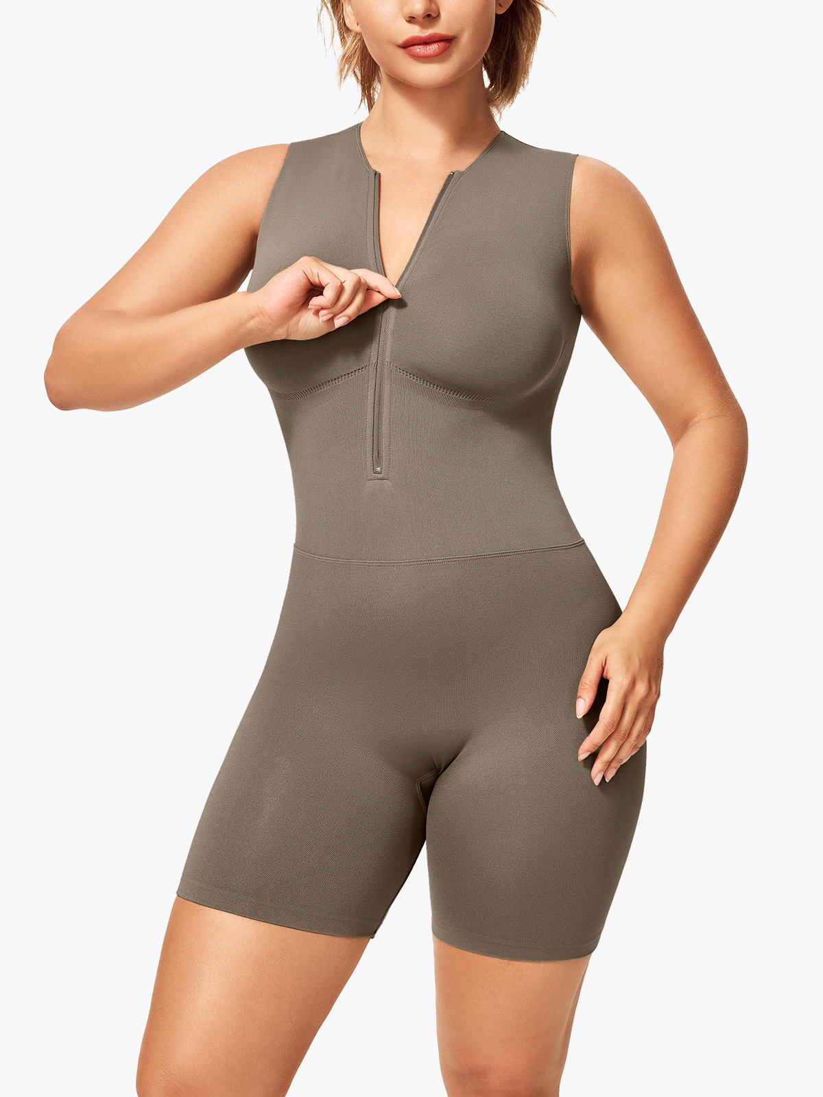 Ribbed Half Zipper Tummy Control Sleeveless Romper
