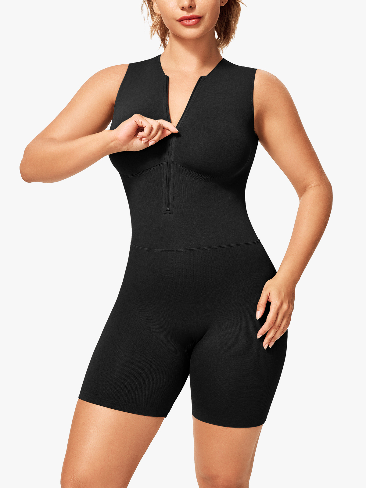 Ribbed Half Zipper Tummy Control Sleeveless Romper