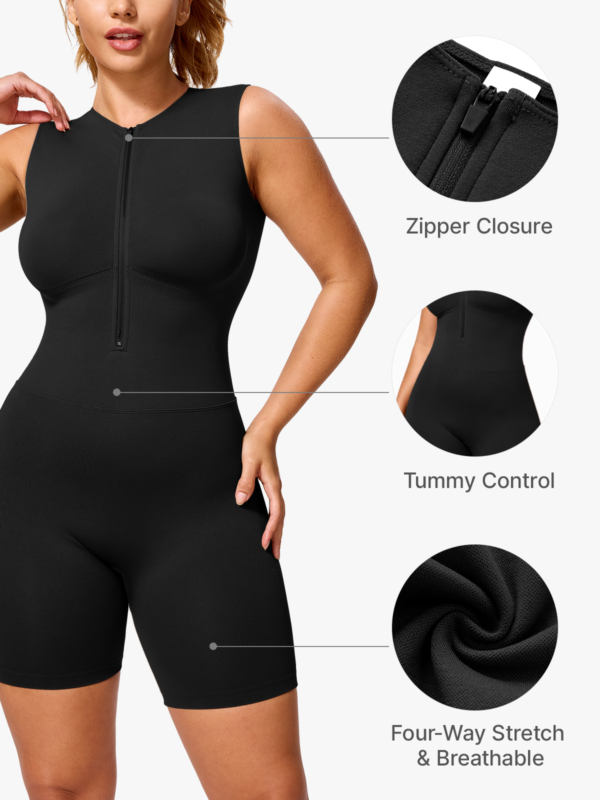 Ribbed Half Zipper Tummy Control Sleeveless Romper