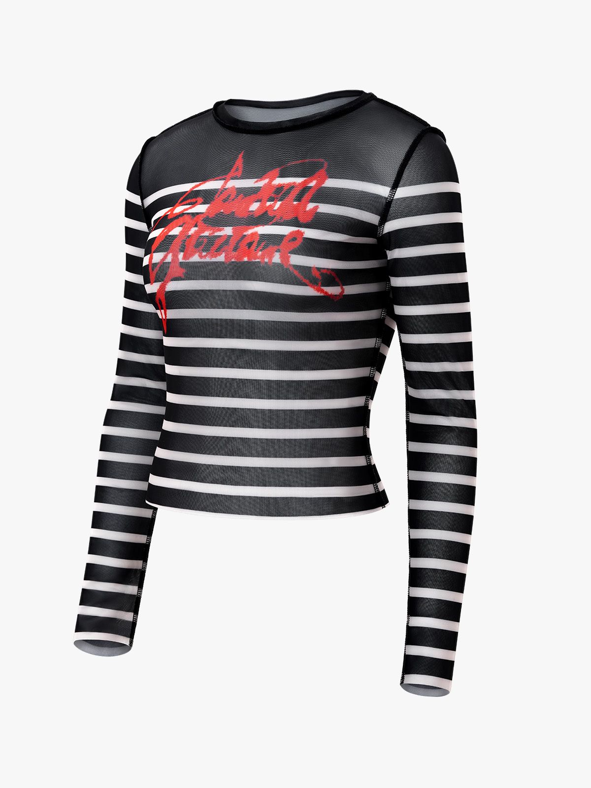 Sheer Mesh Contrast Striped See Through Long Sleeve Crop Top-Brabic