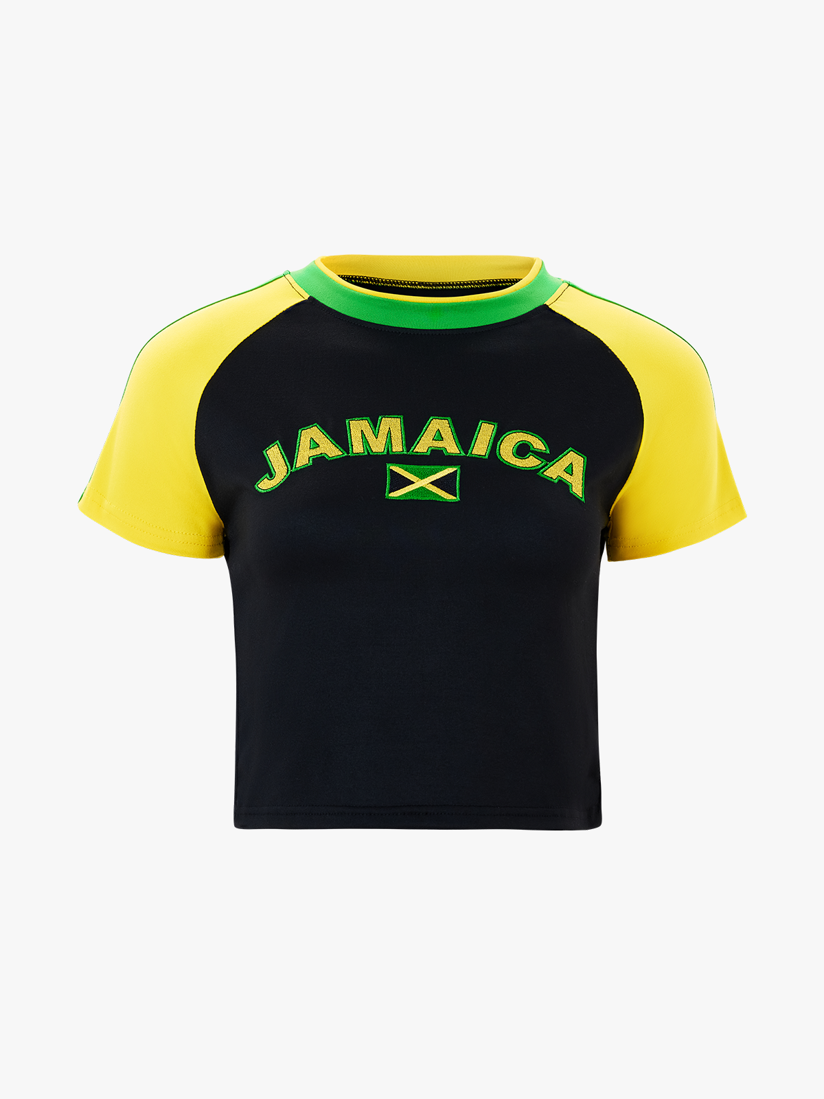JAMAICA Letter Printed Patchwork Raglan Crop Top-Brabic