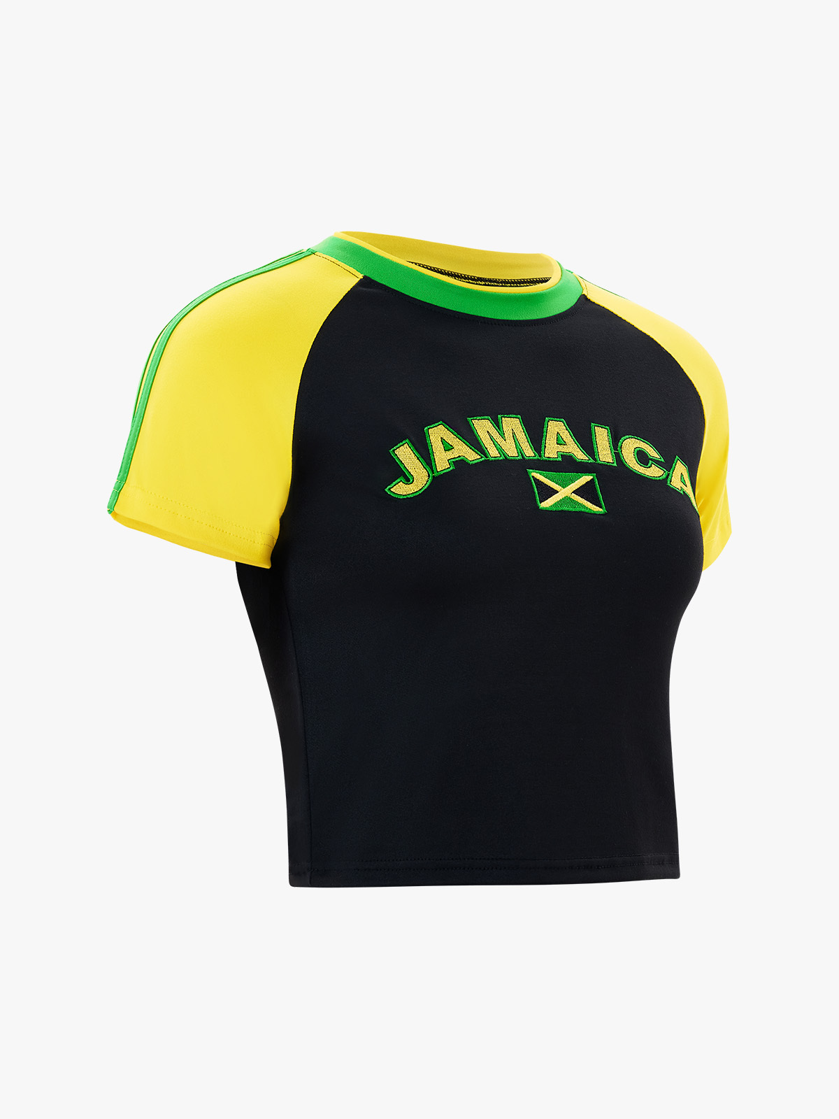 JAMAICA Letter Printed Patchwork Raglan Crop Top-Brabic