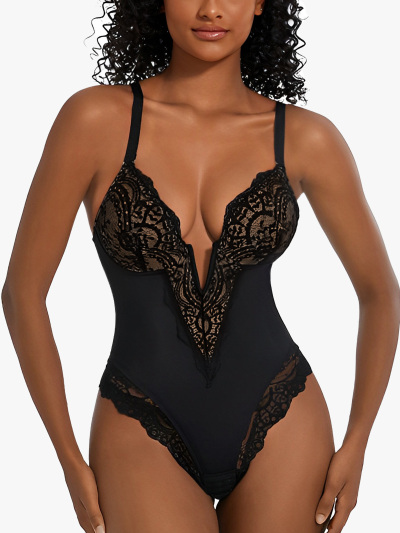 Lace Plunge Crotch Opening Cami Thong Bodysuit