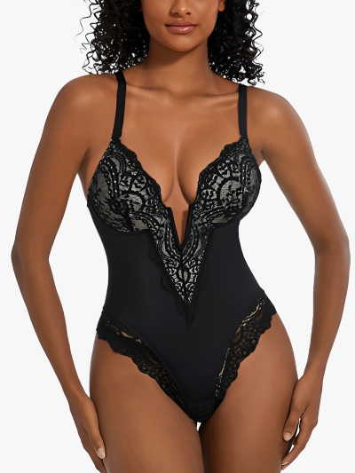 Lace Plunge Crotch Opening Cami Thong Bodysuit
