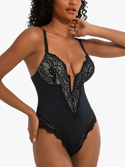 Lace Plunge Crotch Opening Cami Thong Bodysuit