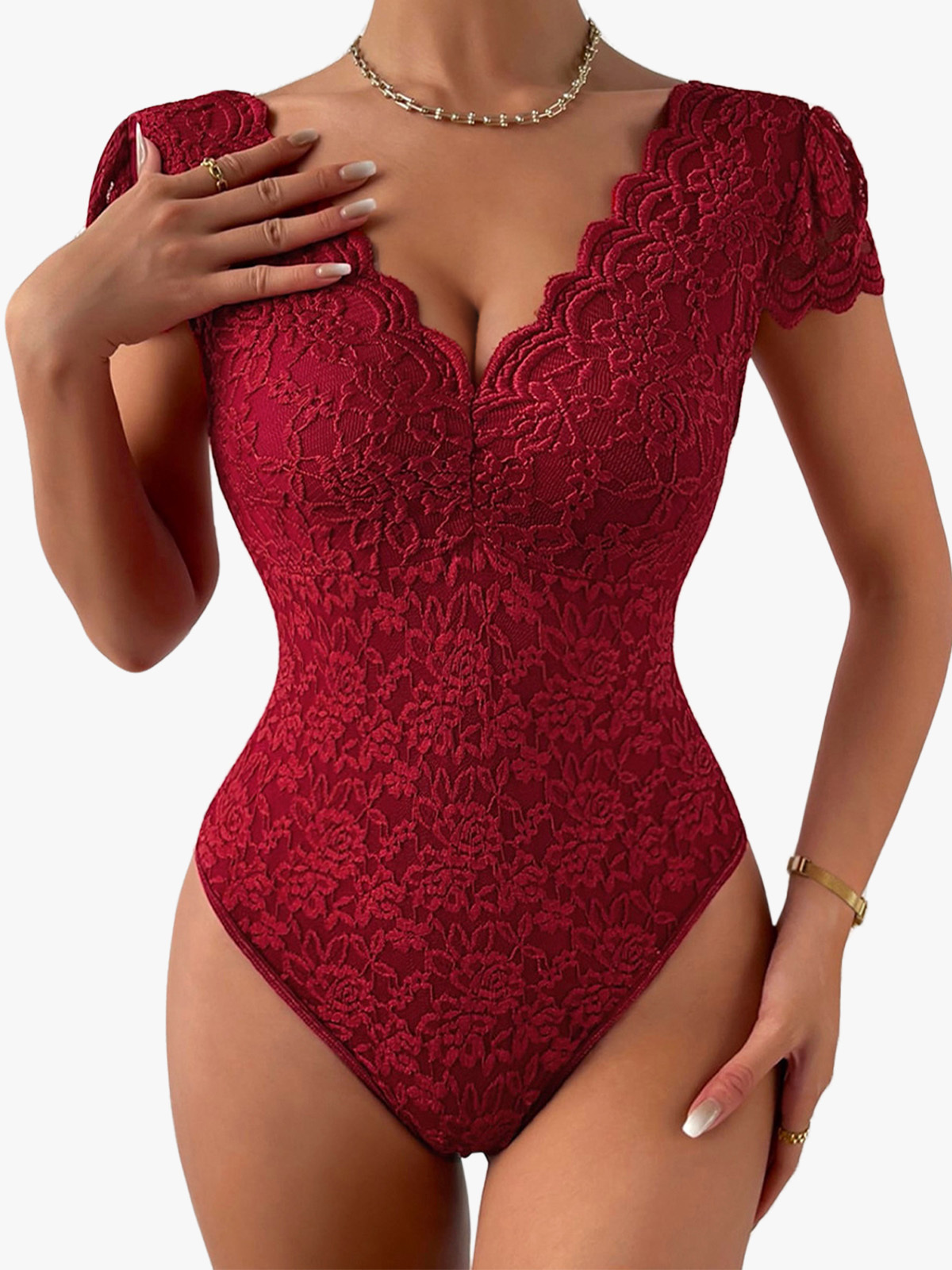 Lace Embroidery V Neck Crotch Opening Backless Cap Sleeve Brief Bodysu