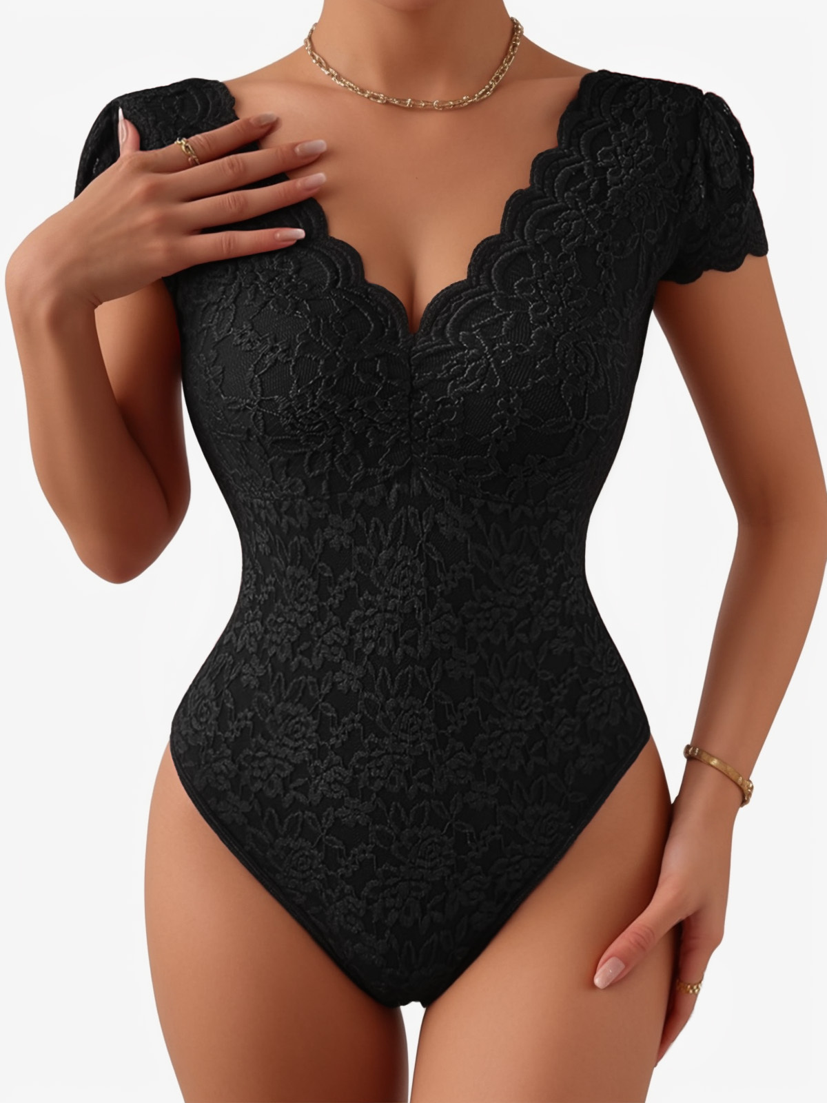 Lace Embroidery V Neck Crotch Opening Backless Cap Sleeve Brief Bodysuit