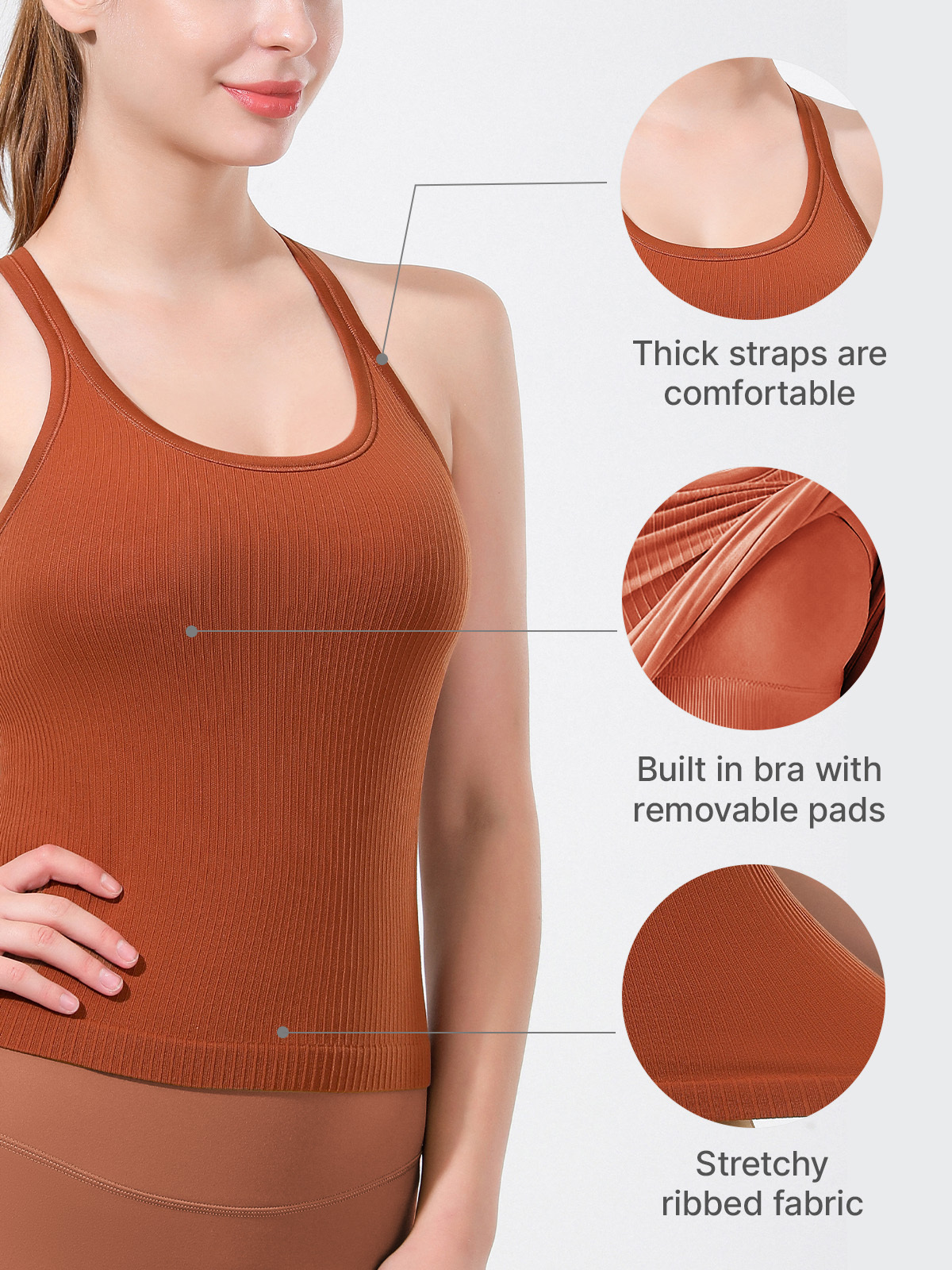 Ribbed Racerback Active Yoga Tank Tops with Built in Bra