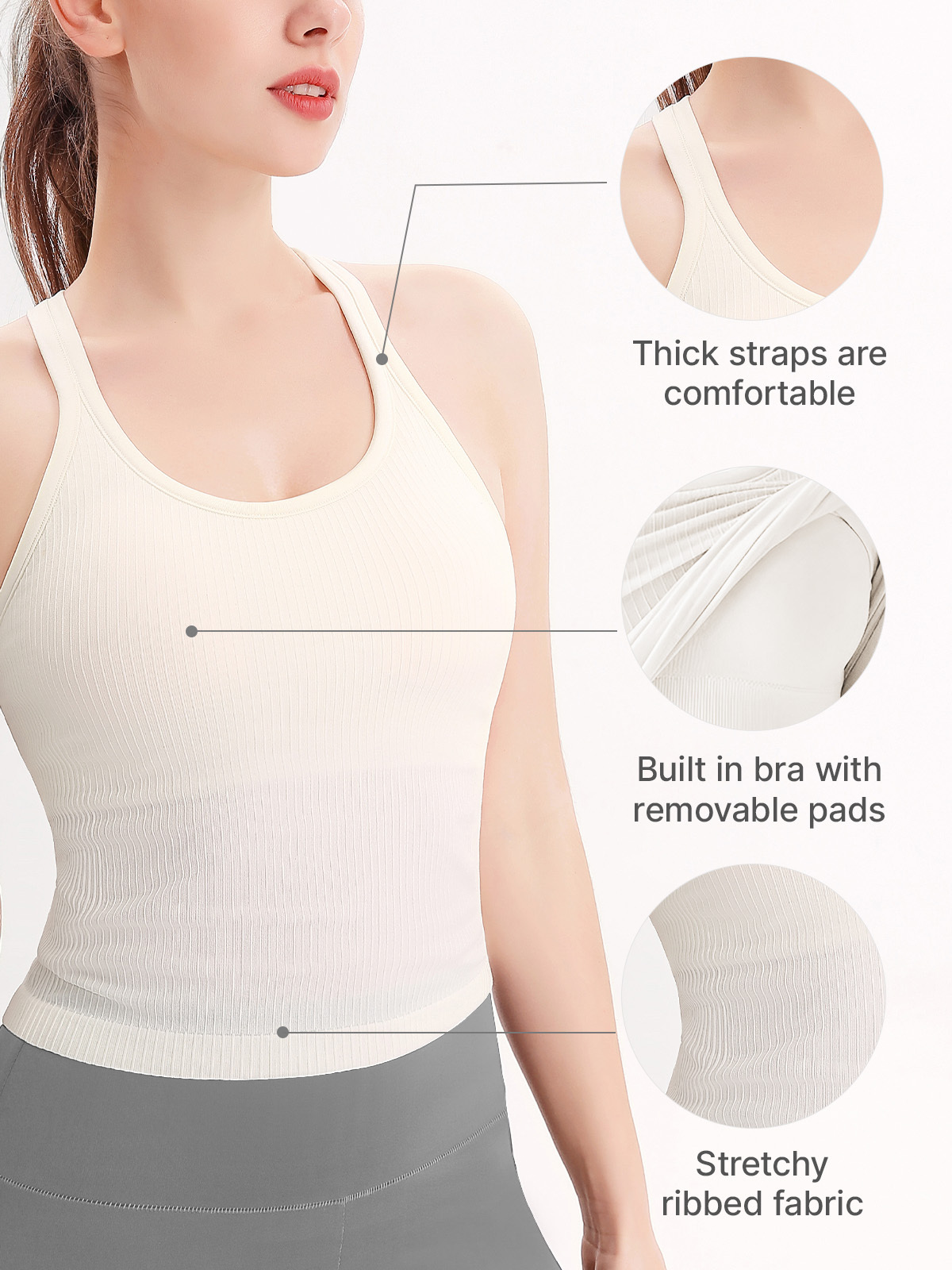Ribbed Racerback Active Yoga Tank Tops for Women with Built in Bra