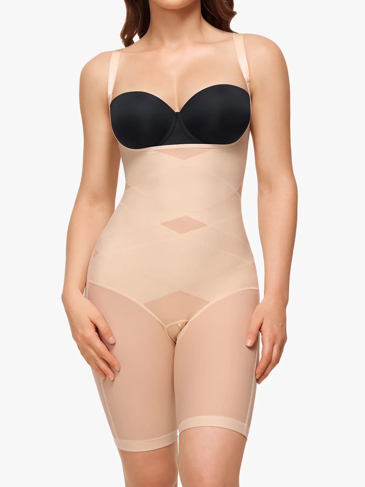 Mesh Open Bust Tummy Control Butt Lifting Mid-Thigh Bodysuit