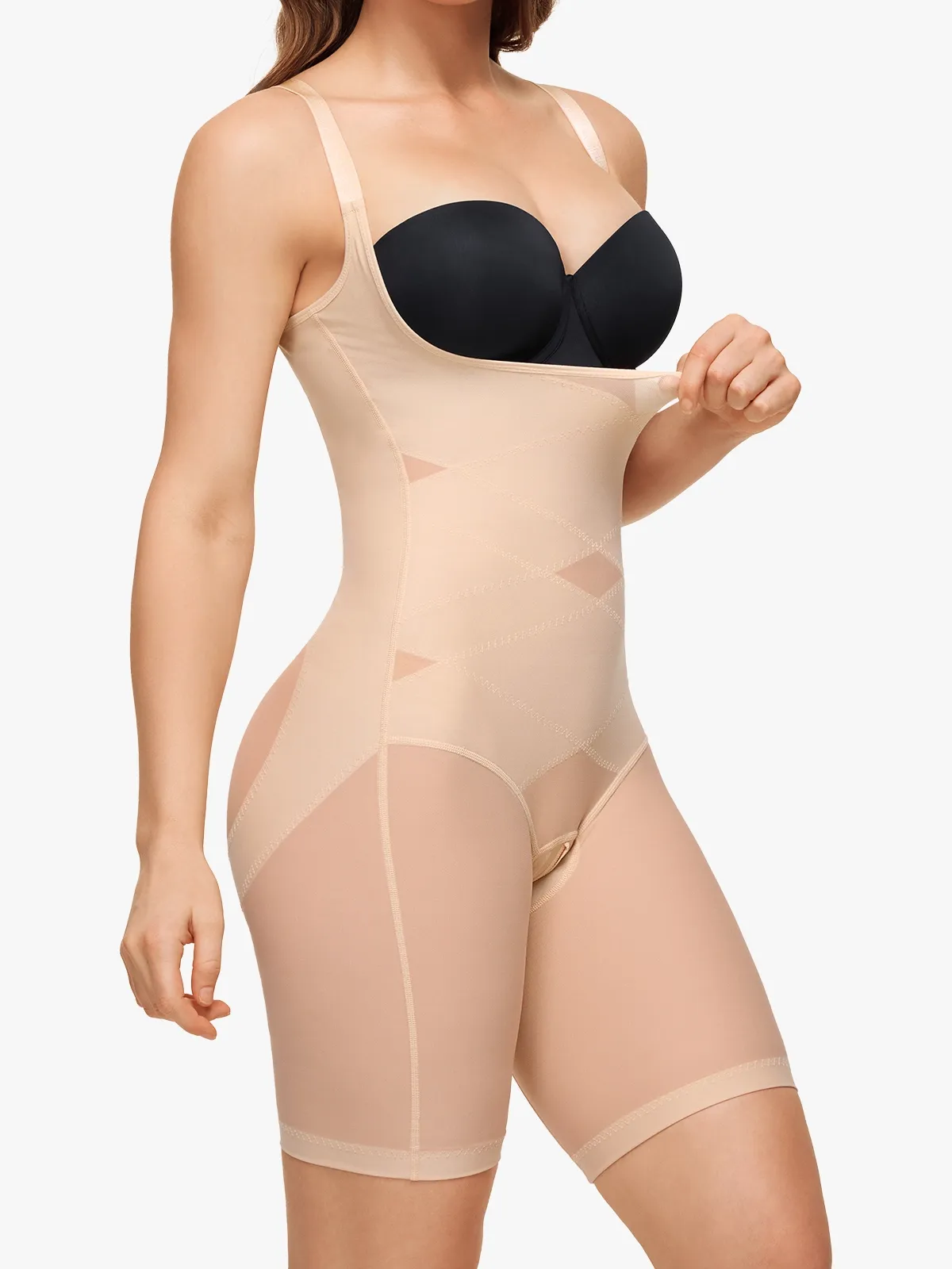 Mesh Open Bust Tummy Control Butt Lifting Mid-Thigh Bodysuit