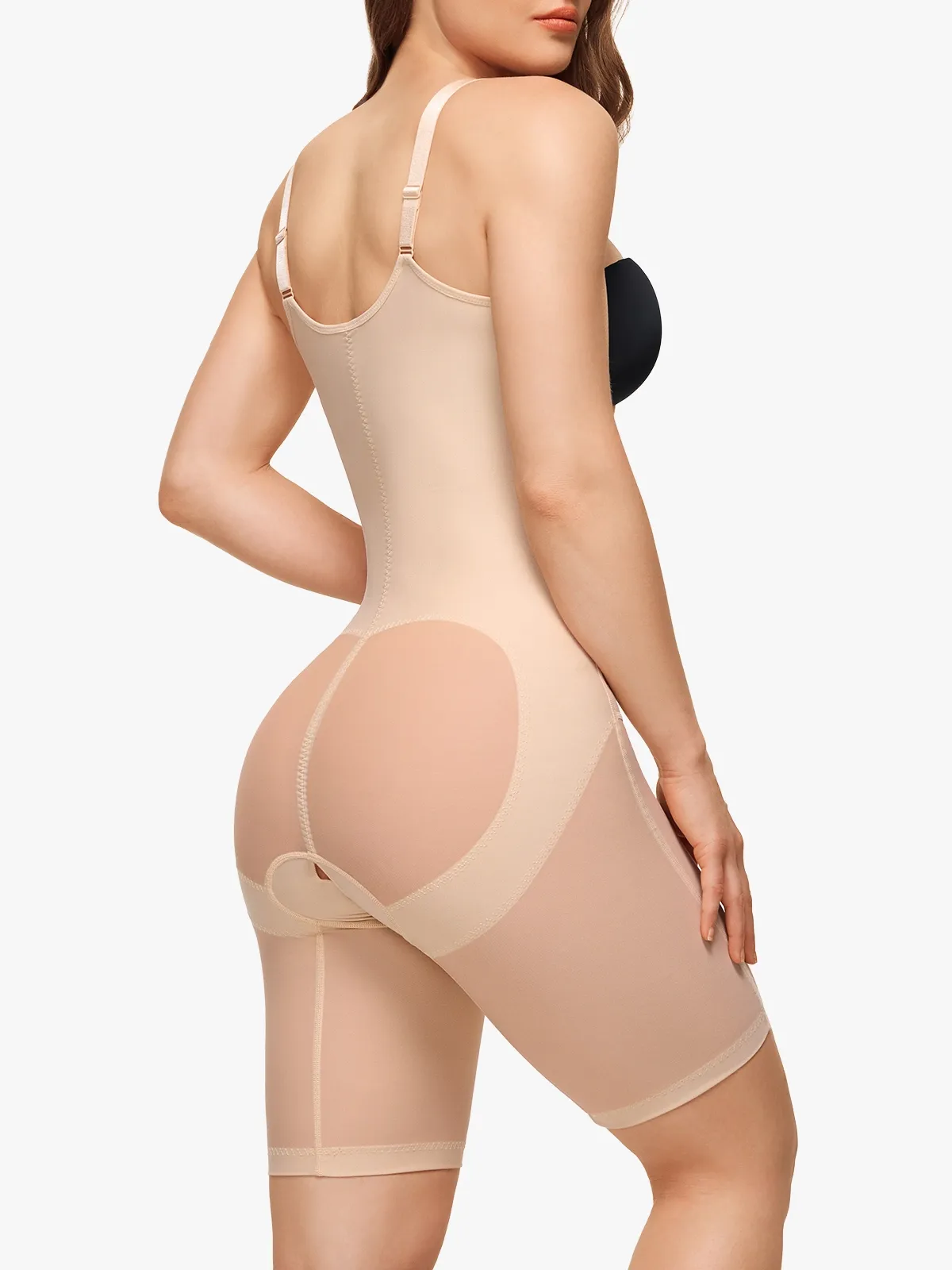 Mesh Open Bust Tummy Control Butt Lifting Mid-Thigh Bodysuit