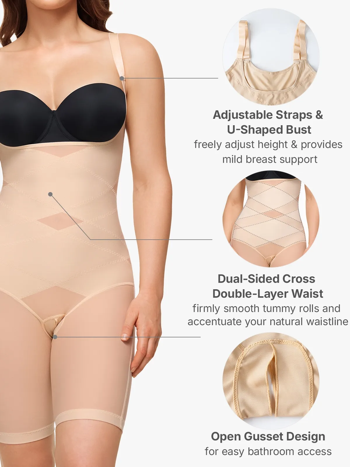 Mesh Open Bust Tummy Control Butt Lifting Mid-Thigh Bodysuit