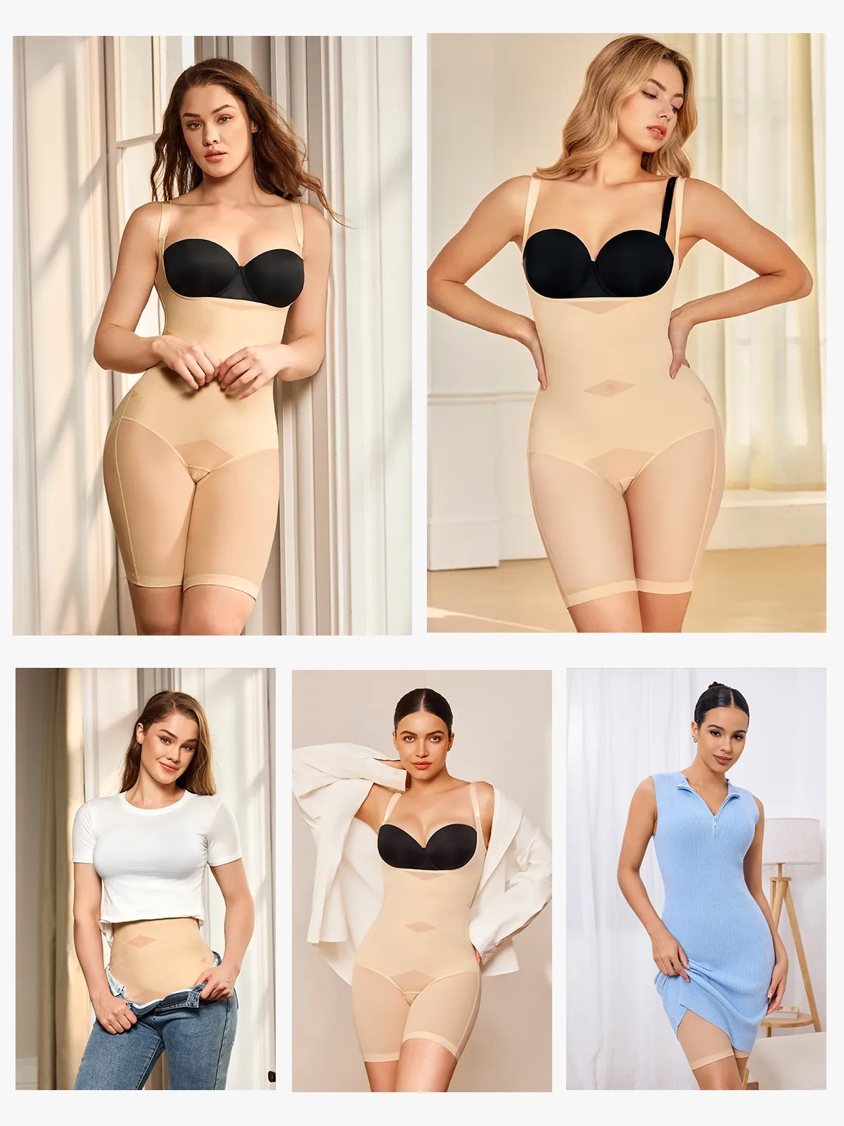 Mesh Open Bust Tummy Control Butt Lifting Mid-Thigh Bodysuit
