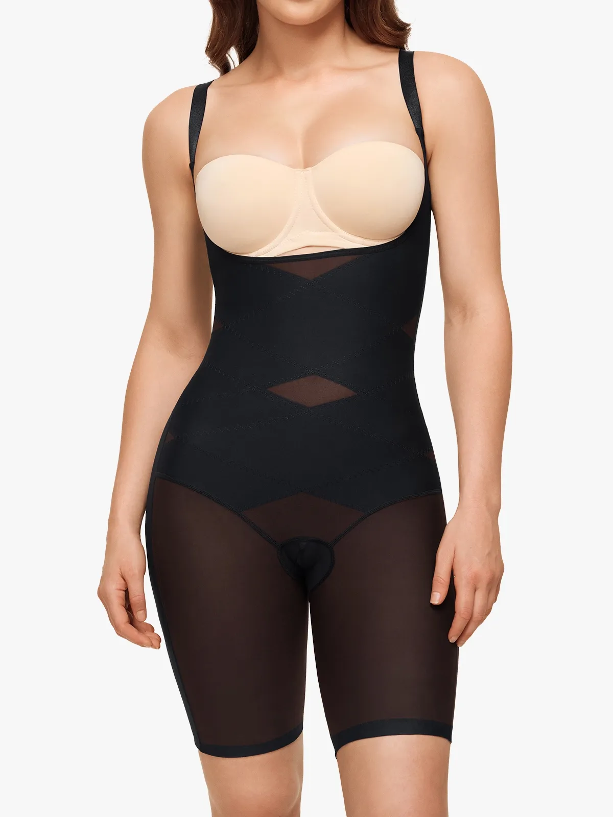 Mesh Open Bust Tummy Control Butt Lifting Mid-Thigh Bodysuit