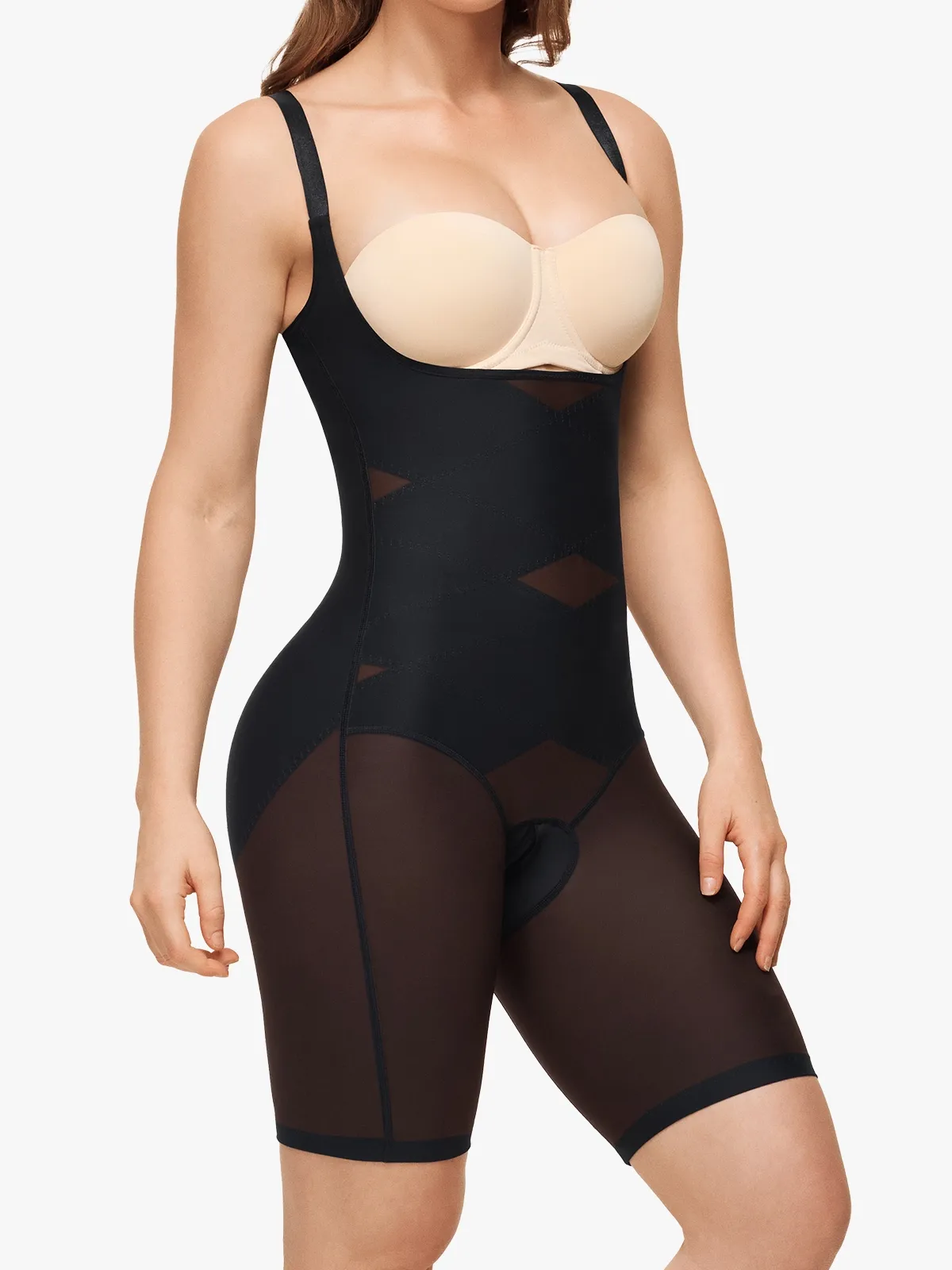 Mesh Open Bust Tummy Control Butt Lifting Mid-Thigh Bodysuit