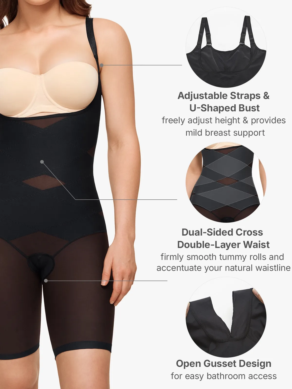 Mesh Open Bust Tummy Control Butt Lifting Mid-Thigh Bodysuit