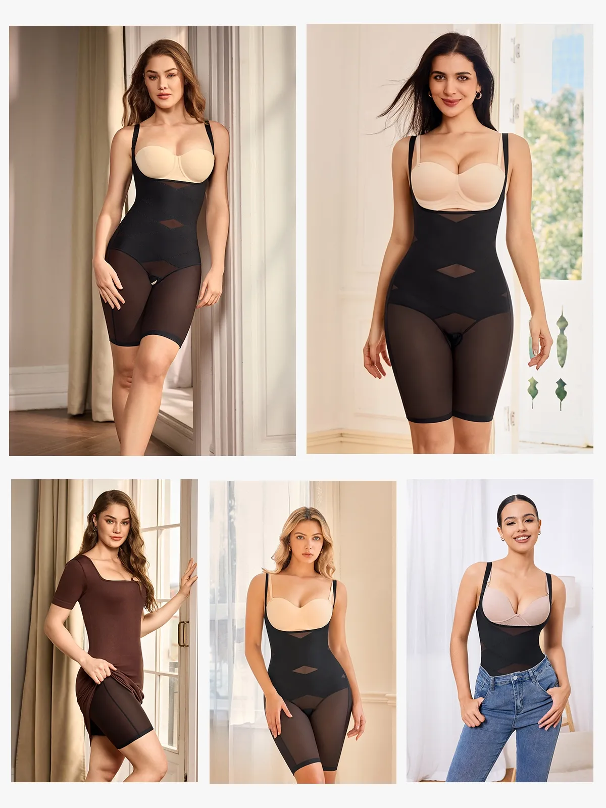 Mesh Open Bust Tummy Control Butt Lifting Mid-Thigh Bodysuit