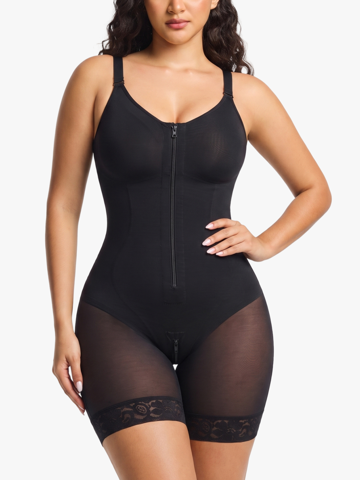 Zip up Tummy Control Cami Mid-Thigh Bodysuit